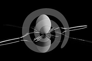 An egg balancing between four forks. Reflection on a black background