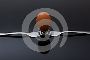 Egg balancing on two interlocking forks with reflection on shiny