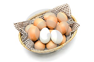 Egg in a basket with brown cloth.