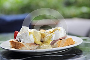 Egg benedict , poached eggs with toast , English Breakfast