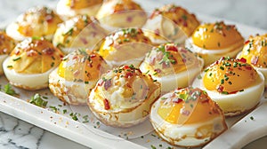 Egg bites or baked eggs with bacon and cheese on white board. Spring healthy Breakfast. Close-up