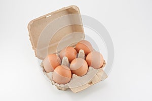 Egg box - eggs in an egg carton on white background.