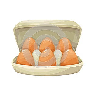 Egg box with six brown chicken eggs,