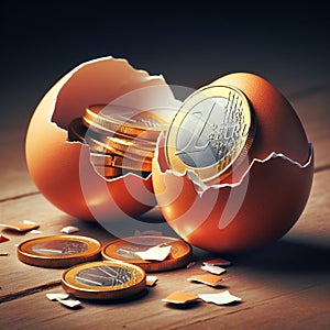 egg broken money coins golden euros saving stocks earnings - ai generated