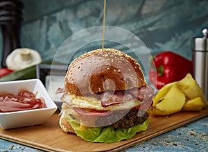 Egg burger with fries on a textured background