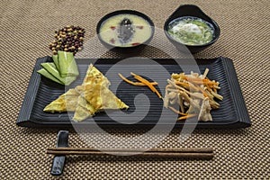 Egg cake, roughage steamed bread and side dishes breakfast set meal photo