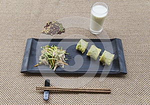 Egg cake, roughage steamed bread and side dishes breakfast set meal photo