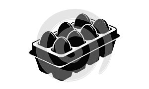 Egg carton with eggs. Black silhouette. Black and white egg box graphic illustration. Icon, sign, pictogram. Concept of