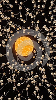 Egg cell floating among sperms in dark space