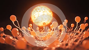 Egg cell glowing like sun among the floating sperms in dark