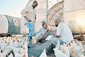 Egg, checklist and chicken with black family on farm for agriculture, environment and bonding. Relax, monitor and love