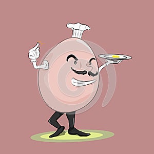 the egg chef is carrying a plate of fried egg dishes on a brown background