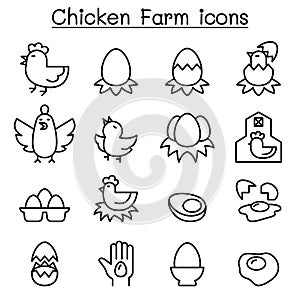 Egg & Chicken farm icon set in thin line style