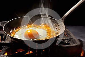 egg cracking and frying in a sizzling pan