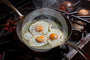 egg cracking and frying in a sizzling pan