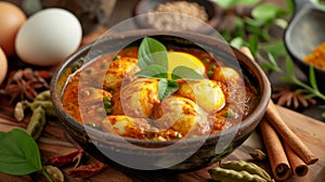An egg curry dish is presented in a bowl, providing a hearty and flavorful meal option
