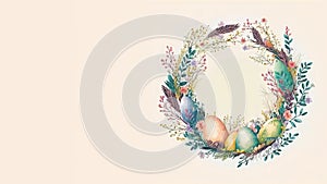 Egg Decorative Easter Wreath Against Cosmic Latte Background And Copy Space. Happy Easter Concept