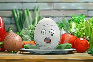 Egg at Dinner with Vegetables: Caricature Dinner Moment