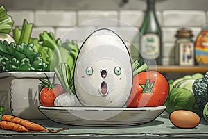 Egg at Dinner with Vegetables: Caricature Dinner Moment