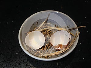 Egg on a dish the eggshell broken left in the bowl with a straw, deputy like chicks hatched from an egg in a nest.