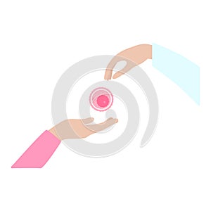 Egg donation. Hand giving an oocyte to the other hand. Vector illustration of donation concept