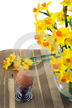 Egg,eggcup and daffodils.