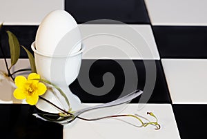 Egg in Eggcup with Yellow Flower photo