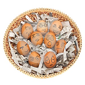 egg face in basket. newspapers. orphaned. dumped