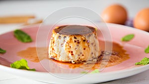 Egg Flan or Pudding made with organic eggs, yolks, milk, sugar and liquid caramel to cover it