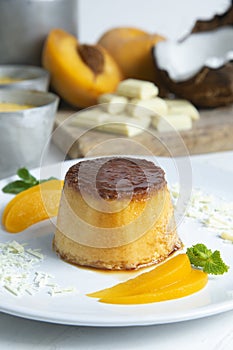 Egg Flan or Pudding made with organic eggs, yolks, milk, sugar and liquid caramel to cover it