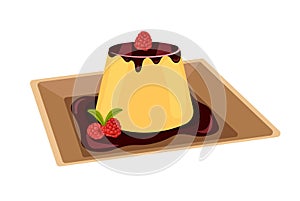 Egg flan with raspberries and mint leaves- delicious Japanese deserts