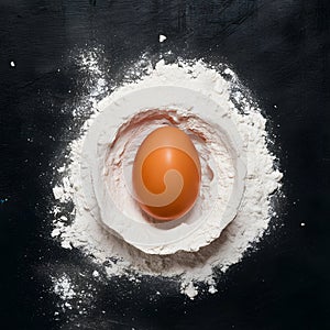 Egg and flour on a black board for baking prep