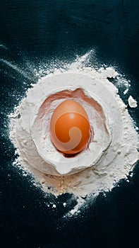 Egg and flour on a black board for baking prep