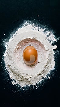Egg and flour on a black board for baking prep