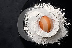 Egg and flour on a black board for baking prep