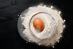 Egg and flour on a black board for baking prep