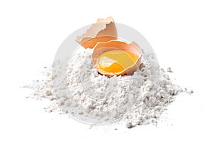Egg and flour isolated on white background.