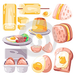 Egg food variation cracked boiled lunch and breakfast menu egg roll bread toast