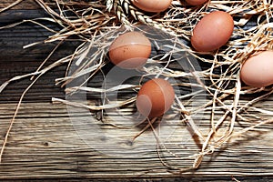 Egg. Fresh farm eggs on a wooden rustic background