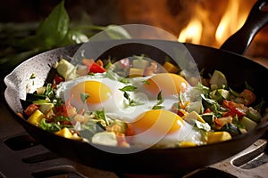 egg frying with a vibrant vegetable medley