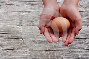 Egg in hands on wooden background