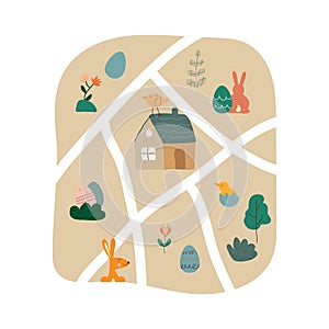 Egg hunt boho map. Happy Easter concept. House, trees and bunnies. Bohemian greeting card. Vector stock illustration