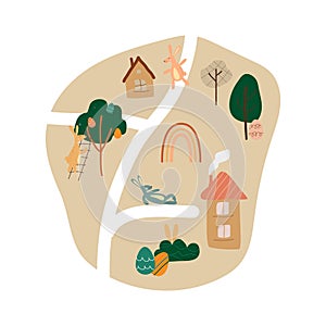 Egg hunt boho map. Happy Easter design. Town with houses, bunnies and rainbow. Vector stock illustration