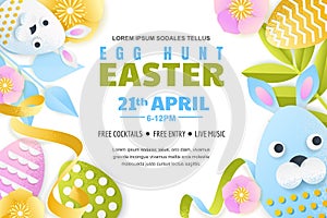 Egg hunt Easter horizontal banner template. Holiday poster or flyer layout. Vector 3d paper cut style illustration