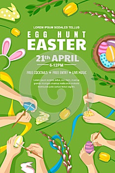 Egg hunt Easter poster, banner, flyer layout. Kids painting Easter eggs, vector illustration. Family holiday leisure