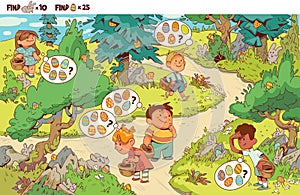 Egg Hunt. Find Easter eggs. Find the 10 hidden bunnies in the picture. Puzzle hidden items