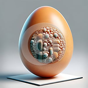 Egg infected with bacteria and viruses, a cautionary symbol for foodborne illnesses. Salmonella Enteritidis. Concept: Microbial photo