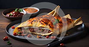 Egg martabak filled with minced meat and vegetables with spicy sauce