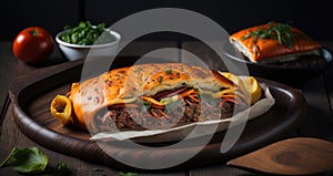 Egg martabak filled with minced meat and vegetables with spicy sauce