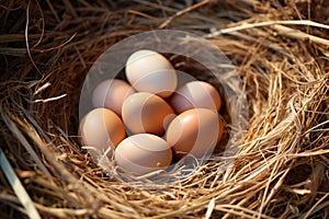 Egg nest harmony Pile of brown eggs nested in a nest